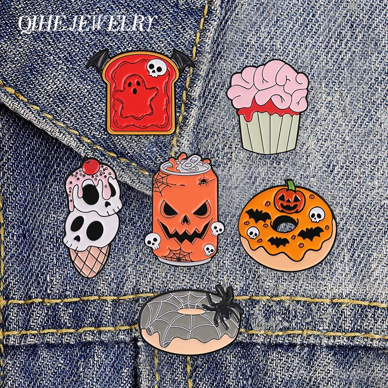 Halloween Creepy Cute Food Cartoon Badge Goth Pumpkin Soda Ghost Toast Skull Ice Cream Spider Donut Enamel Pin Jewelry Brooches