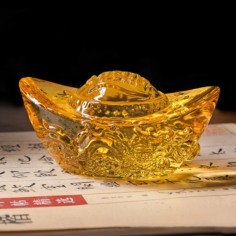 Chinese Citrine Ingot Figurine, Gold Crystal Glass Colored Glaze, Feng Shui Wealth Money Ornament, Home Office Decor Craft