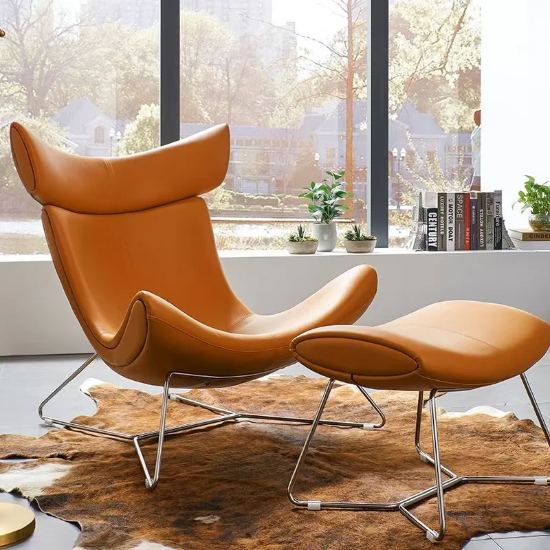 Modern Oversize Orange Leather Recliner Chair with Ottoman Set Comfortable Home Furniture Leisure Lounge Chair