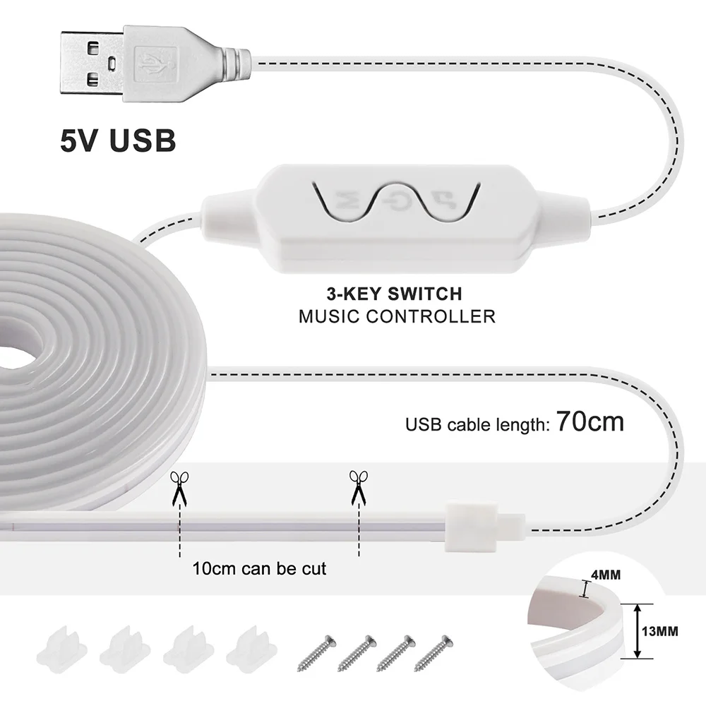 5V RGB LED Neon Strip 3Key Music Controller Kit USB Power Light 4x13mm 3535 60 LEDs/m Waterproof Flexible Lamp Home Decoration