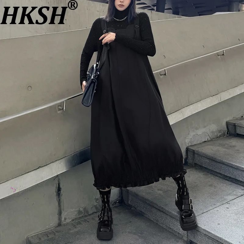 

Новое женское платье-комбинезон HKSH 2026 Весна-Осень, однотонное, с драпировкой, универсальное, темное, элегантное, трендовое, оверсайз, на бретельках, HK18718
