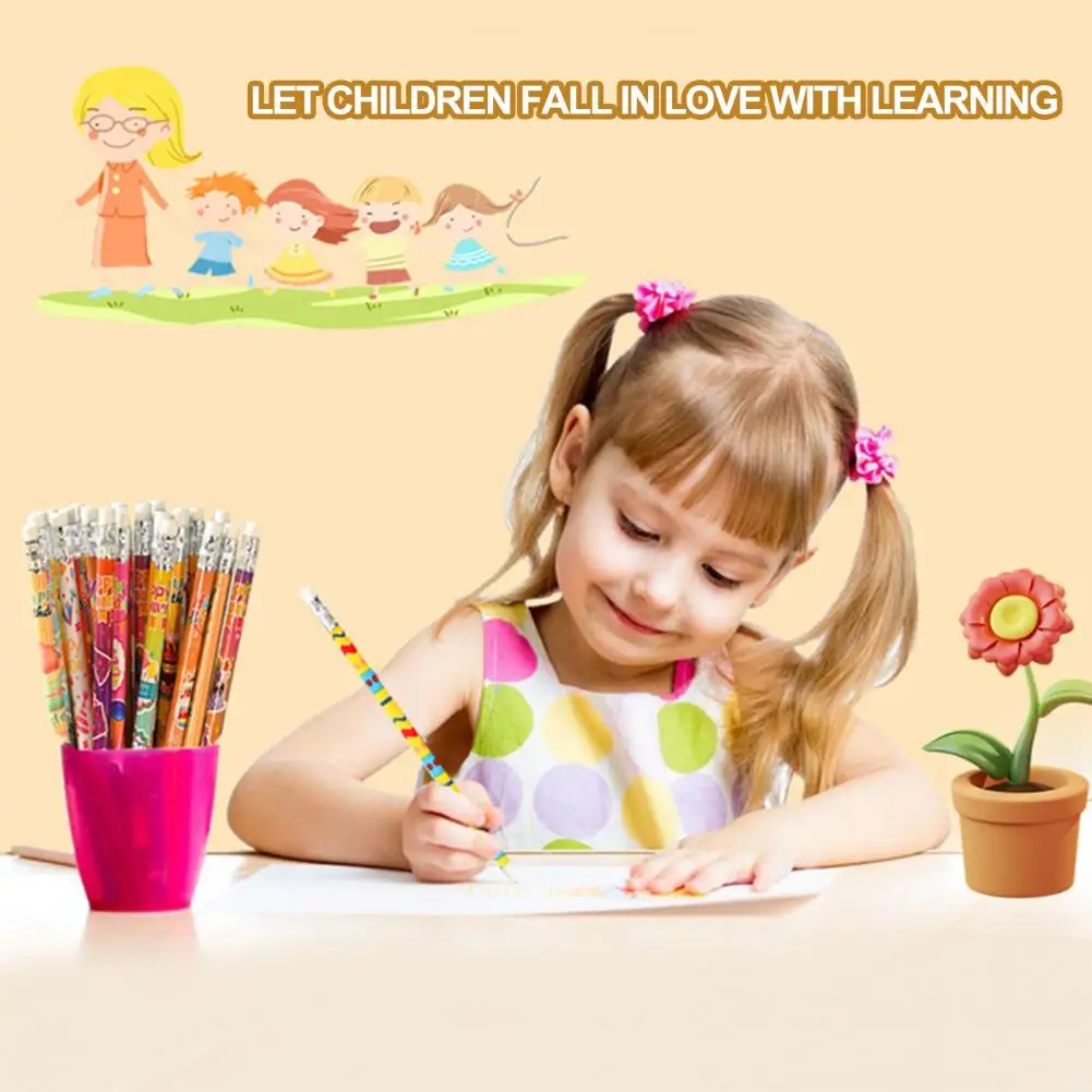 Cute Cartoon Pattern Pencils Teacher Pencils Fun Festive Birthday Pencils 24 Wooden Pencils with Top Erasers for Kids' Birthday