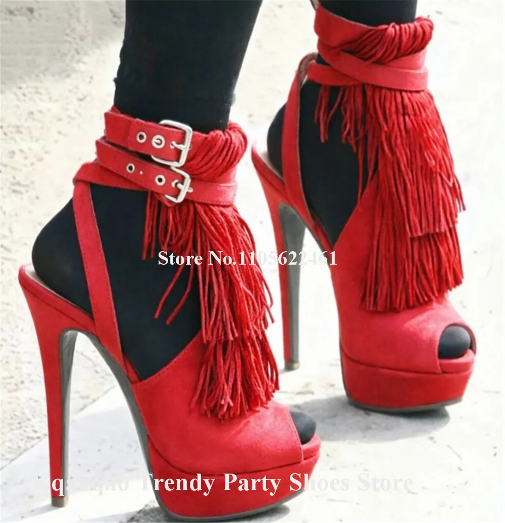 Kqaoqao Charming Yellow Blue Red Suede Tassels Stiletto Heel Pumps Peep Toe Ankle Straps Fringes Platform Party Heels 2