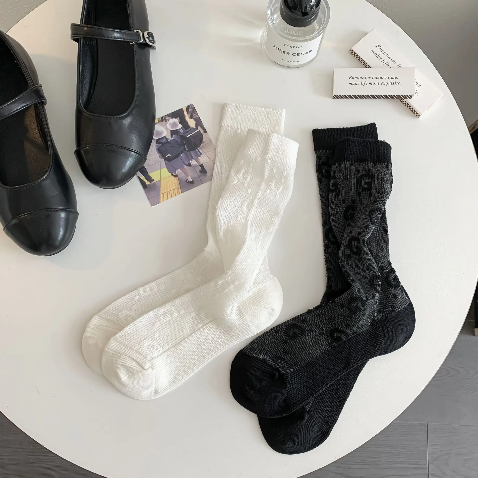 女性用ミディアムチューブソックス,ダブルニードル,薄手,通気性,ライト,ショート,韓国,トレンディ,春,夏,秋