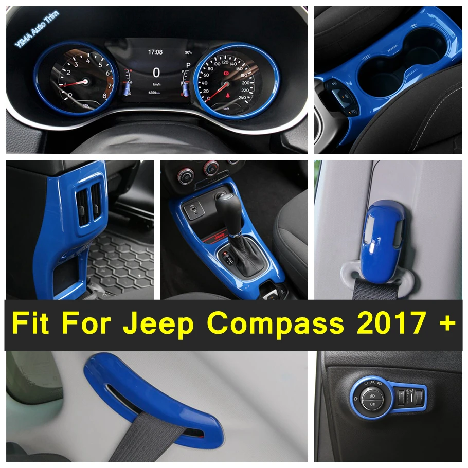 

Water Cup Holder / Headlamp Switch / Instrument Gauge Ring / Safety Belt Cover Trim Blue For Jeep Compass 2017 - 2020 Interior