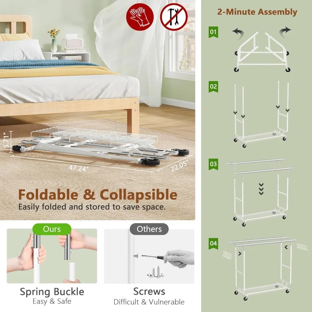 2-Minute Assembly Double Rod Clothes Rack, Heavy Duty Rolling Clothing Racks with Wheels, Foldable Commercial Garment R