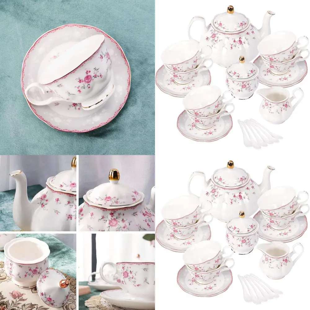 

Elegant Vintage Porcelain Tea Set for 6, Pink Rose Floral Teapot and Cups for Women's Tea Parties