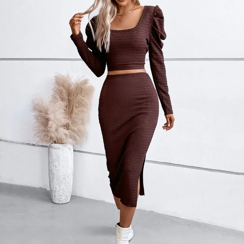 Women Autumn and Winter Temperament Elegant Suit Bubble Sleeve Top Hip Skirt