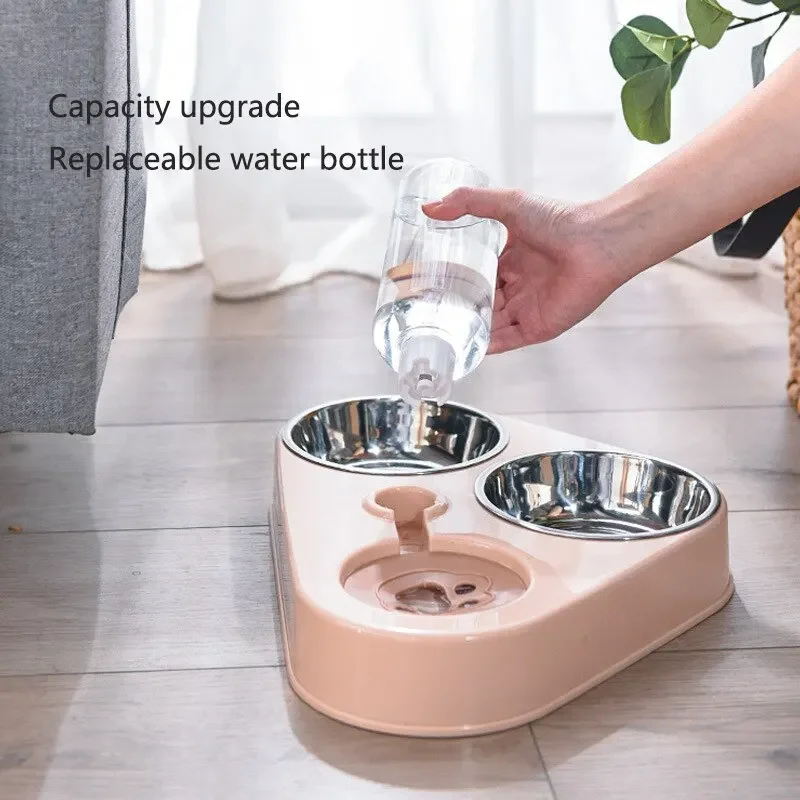 Dog And Cat Self-service Feeder Anti-knock Double Bowl Water Bottle Pet Supplies Stainless Steel Feeder Cat Drinking Fountain