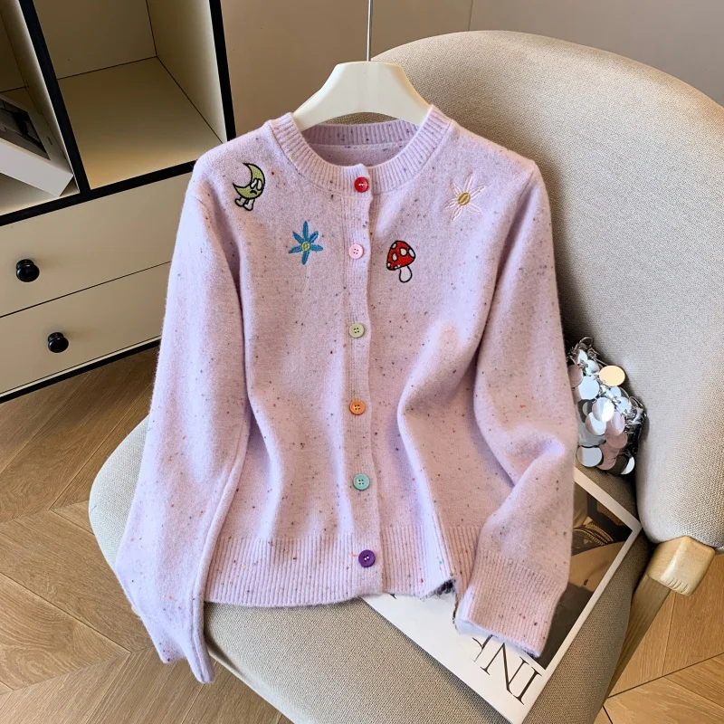 

Retro Korean Sle Lazy Cartoon Embroidery Knitted Sweater Autumn Winter New Faion Slim Fit Versatile ort Outerwear Top