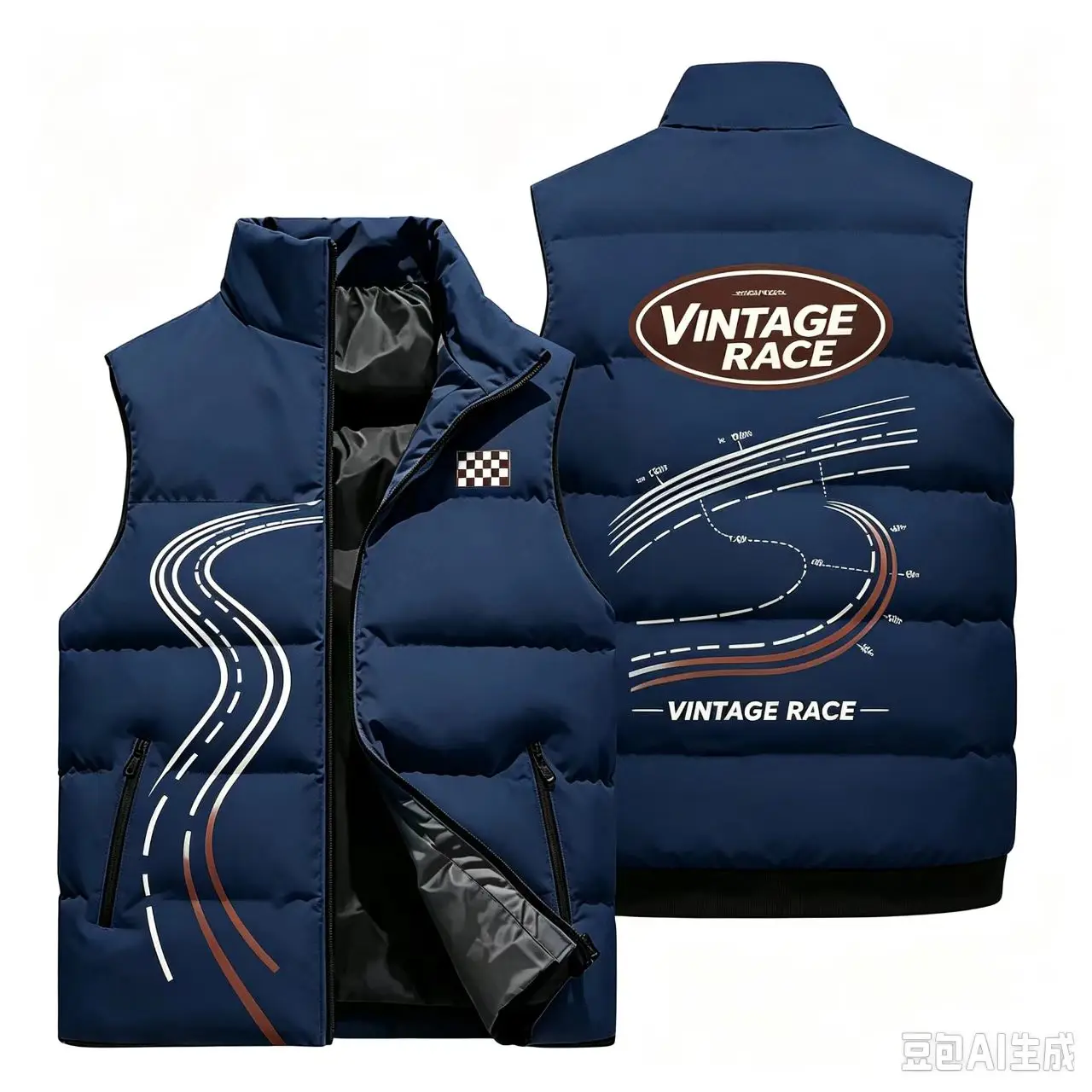 Men Vintage Race Padded Vest Stand Collar Zip‑Up Sleeveless Waistcoat Racing Track Checkered Flag Print Warm Casual Outerwear Fo