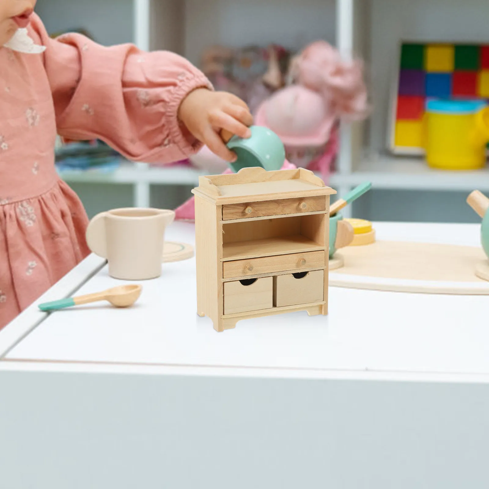 

Изысканный миниатюрный деревянный шкафчик для коллекции мебели для кукольного домика, гладкая отделка, закругленные края, украшение для миниатюрного дома