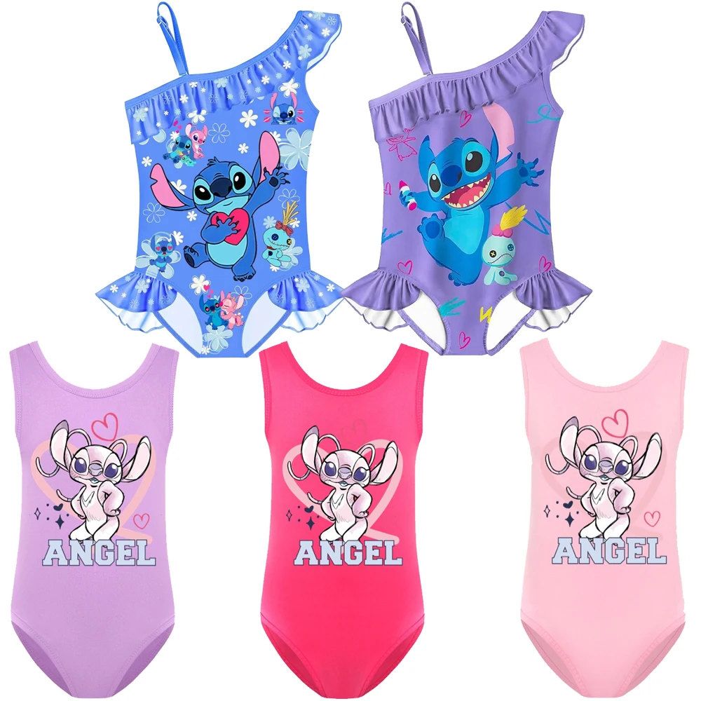 Cartoon Cute Children Bikini One Piece Swimsuit Disney Anime Stitch Angel Girls Swimming Suit Summer Beach Bathing Swimwear