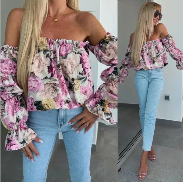 

Women's Elegant Fashion Casual Loose Ruffles Top Sexy Slash Neck Blouse For Women Summer Floral Print Off-Shoulder Blouse