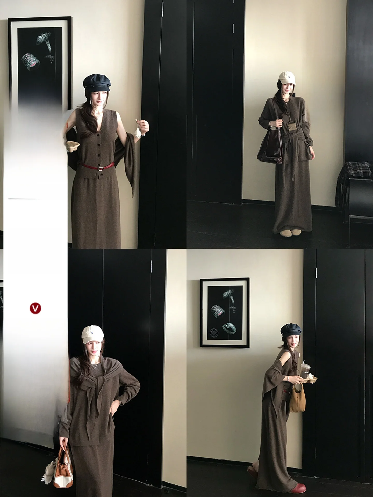 

Ele Sister 00% Wool Knitted Sweater Vest Skirt awl Four-Piece Set Casual Sle Woolen Knitwear lectual Faion