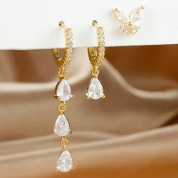 3PCS Vintage Water Drop Cube Zircon Pendant Hoop Earrings Set For Women Stainless Steel Premium Huggie Earring Fashion Jewelry