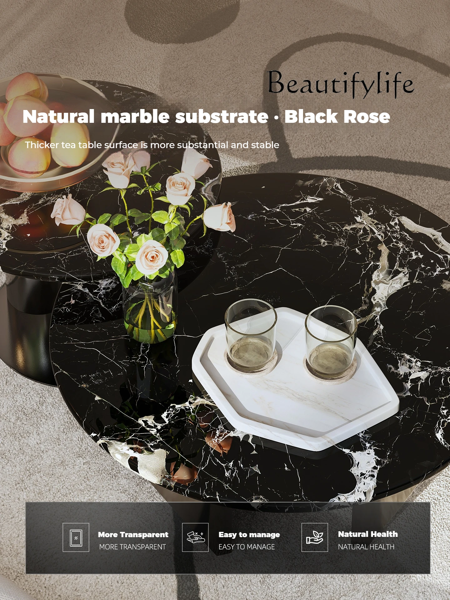 X طاولة قهوة رخامية إيطالية فاخرة باللون الأسود والذهبي الوردي مستديرة 2025 مجموعة غرفة المعيشة وابي سابي الحد الأدنى الحديثة ديكور للطاولات المركزية #4