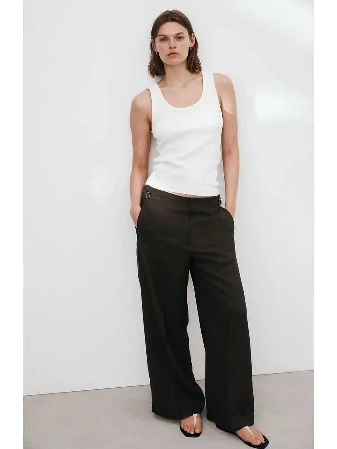 Casual Wide Leg West Pants Fashionable Commute Decorative Strap Loose Fit High Waist Polyester Fiber Ladies Casual Trousers