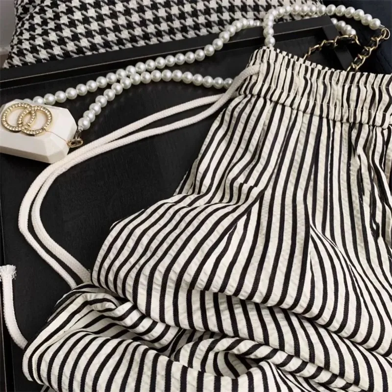 الكورية كسول Sle مخطط ثنى السراويل النسائية الصيف مرونة عالية الخصر رقيقة مستقيم السراويل الطويلة تخفيف Faion #3