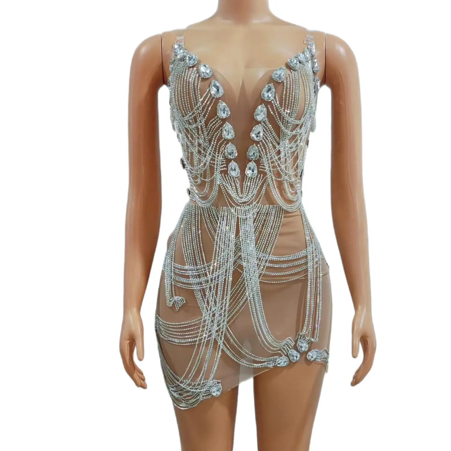 

Sexy Women Birthday Sparkly Rhinestone Short Dress See Through Crystals Sleeveless Date Party Singer Performance Costume Xiatian