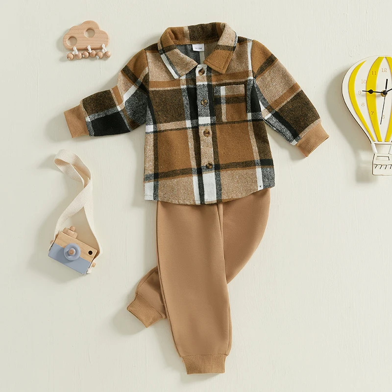 Ropa de otoño para niños, trajes con estampado a cuadros, camisa de manga larga y pantalones elásticos, conjuntos de 2 piezas para niños pequeños de 0 a 5 años