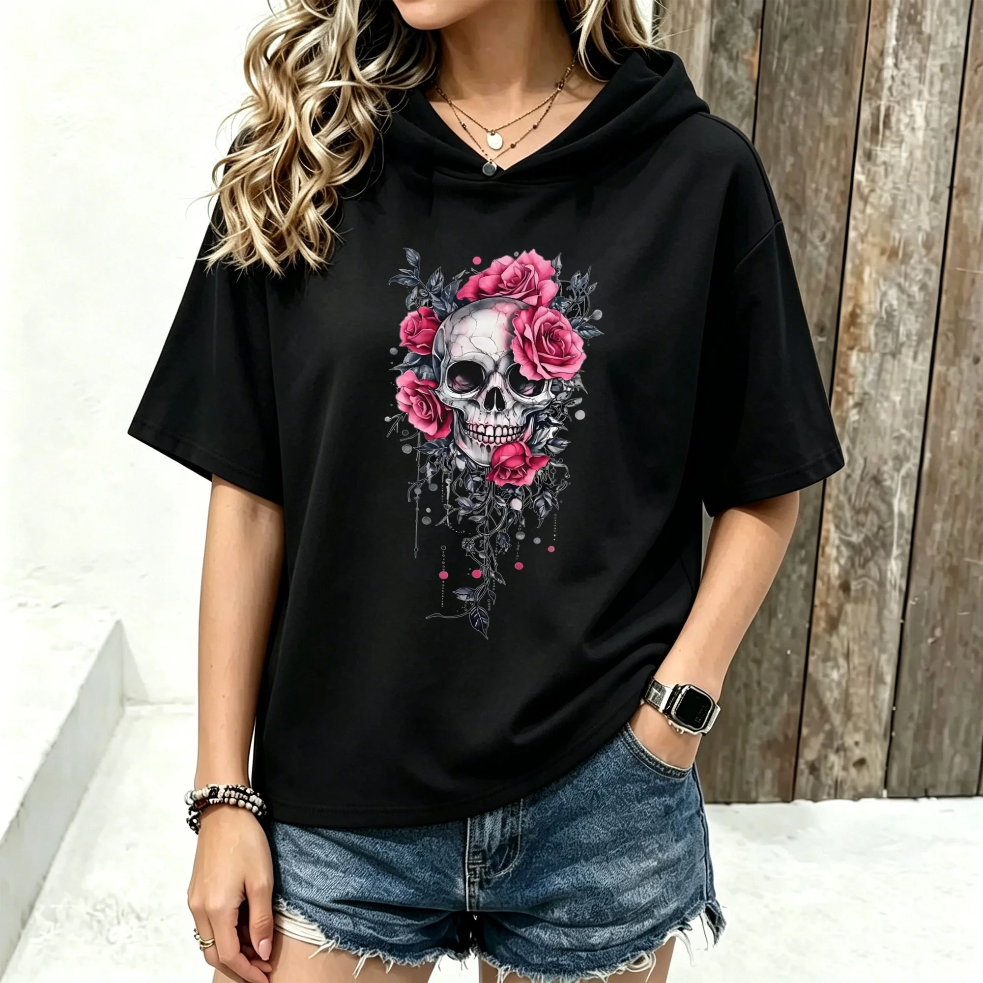 Women's Gothic Skull Rose Print Short Sleeve Round Neck Casual Short-sleeved hoodie Tee with Medium Stretch, for Party Wear Year-Round Wear,The T-shirt is made of soft, pure cotton fabric. Streetwear Streetwear Streetwear