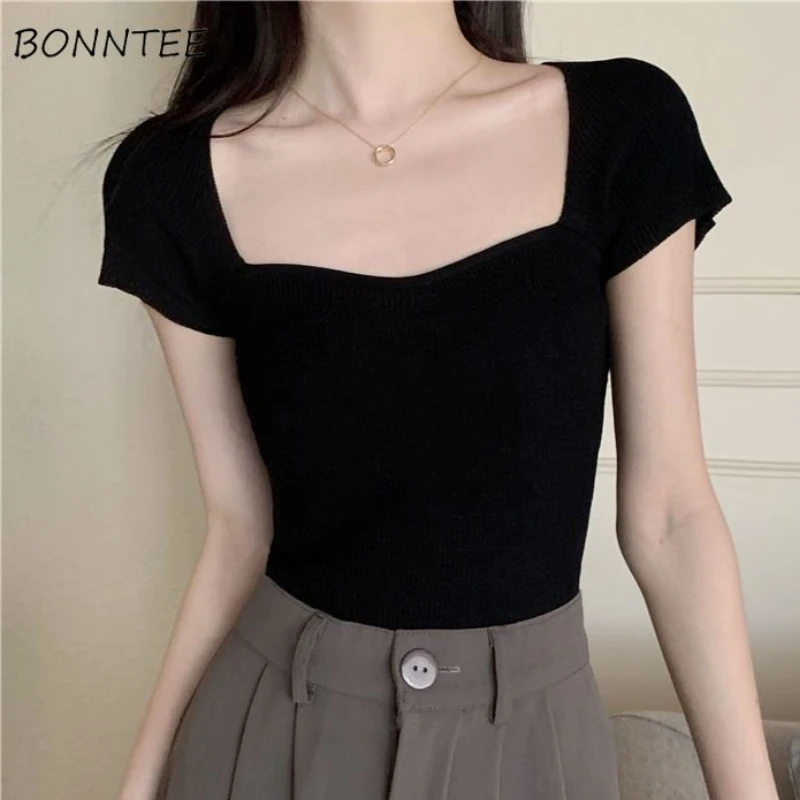 T-shirt a maniche corte donna Vintage Gentle Square Collar Cropped Tops Summer Slim Young Fashion Sexy All-match maglieria elegante