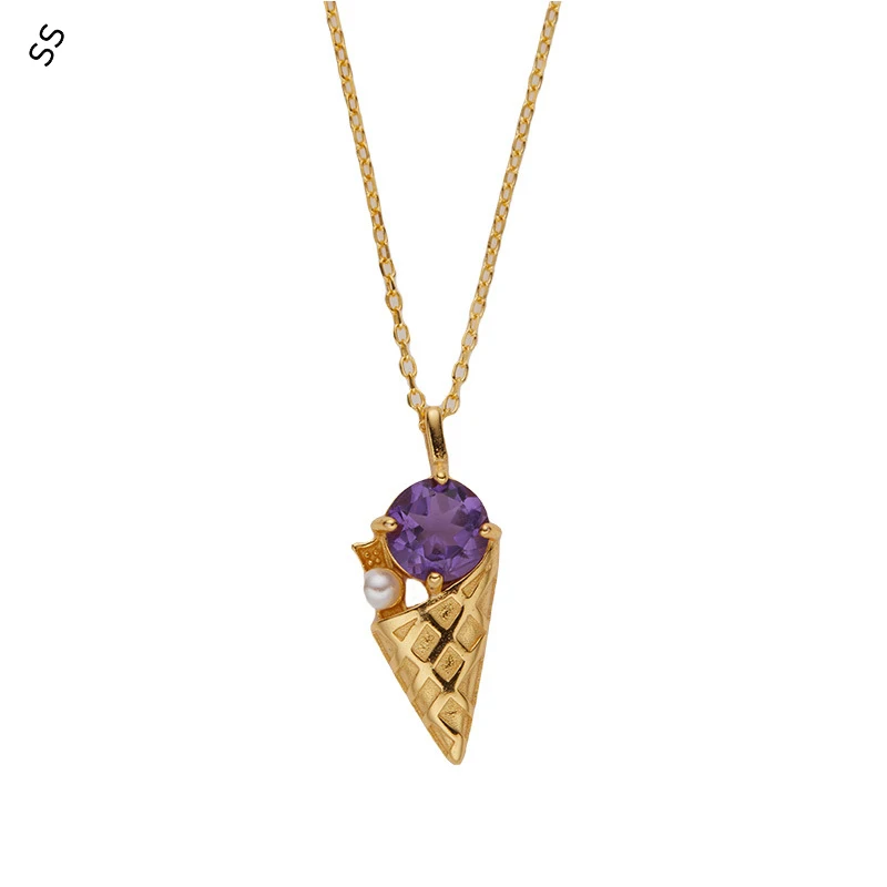 

Ice Cream Design Pendant Necklace Colorful Gems Natural Amethyst S925 Collarbone for Autumn/Winter Garment Jewelry Accessories