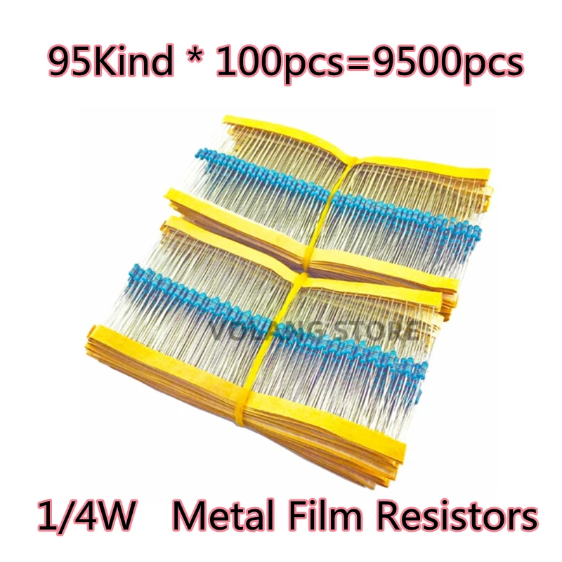 

95*100Pcs 1/4W 1% Metal Film Resistor 0R~22M 0.25W 0.1R 1.2K 1.5R 12K 13K 15K 16K 160R 24K 240R 270K 33R 4.3K 470R 51K 560R 7.5K