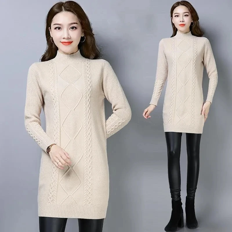 

Осенний женский вязаный пуловер с высоким воротником, корейский женский свитер средней длины, платье-свитер, женский большой размер 4XL, утепленный трикотаж