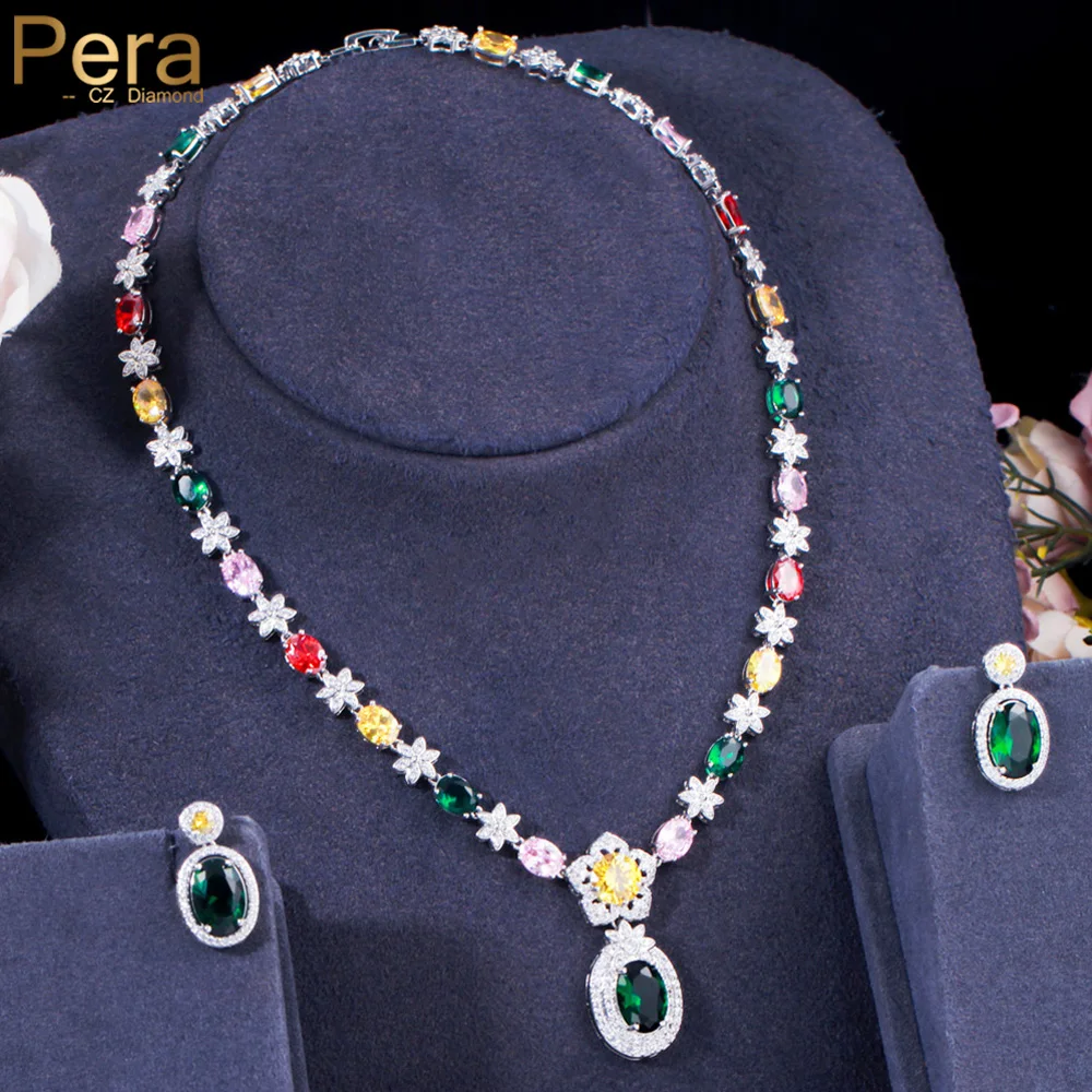 

Pera Graceful Engagement Jewellery Colorful Flower CZ Charm Bridal Wedding Jewelry Sets for Women Necklace and Earrings J468