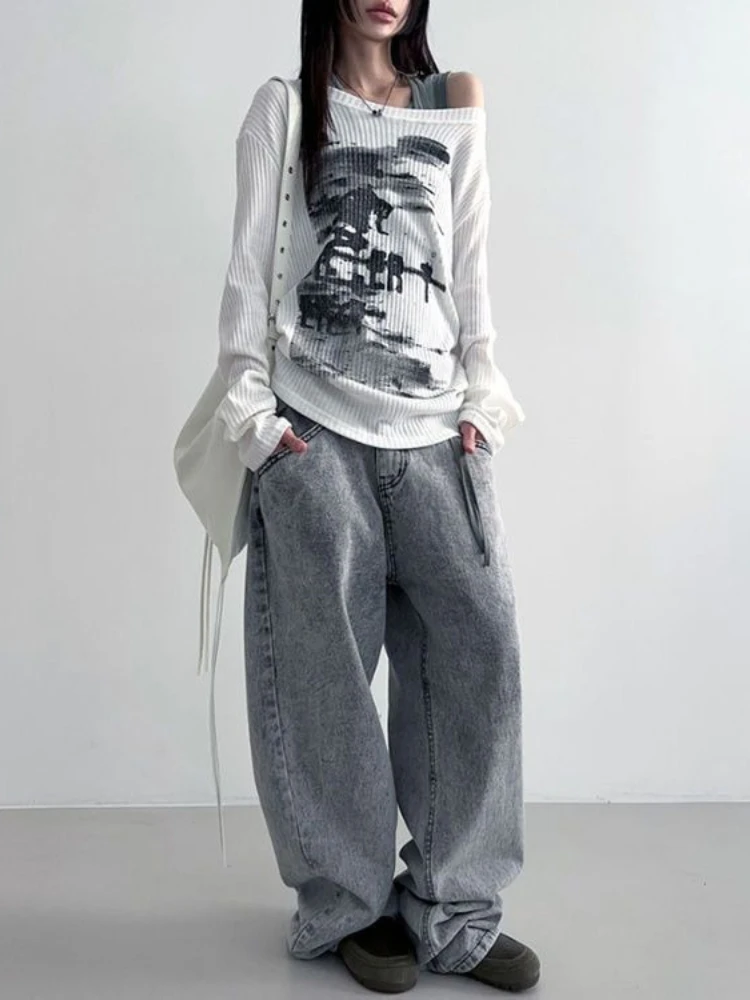 Y2k الأمريكية طويلة الأكمام تي شيرت خمر المرأة عادية غير المتكافئة طوق إلكتروني طباعة القمم مثير Harajuku سليم 2025 الخريف #2