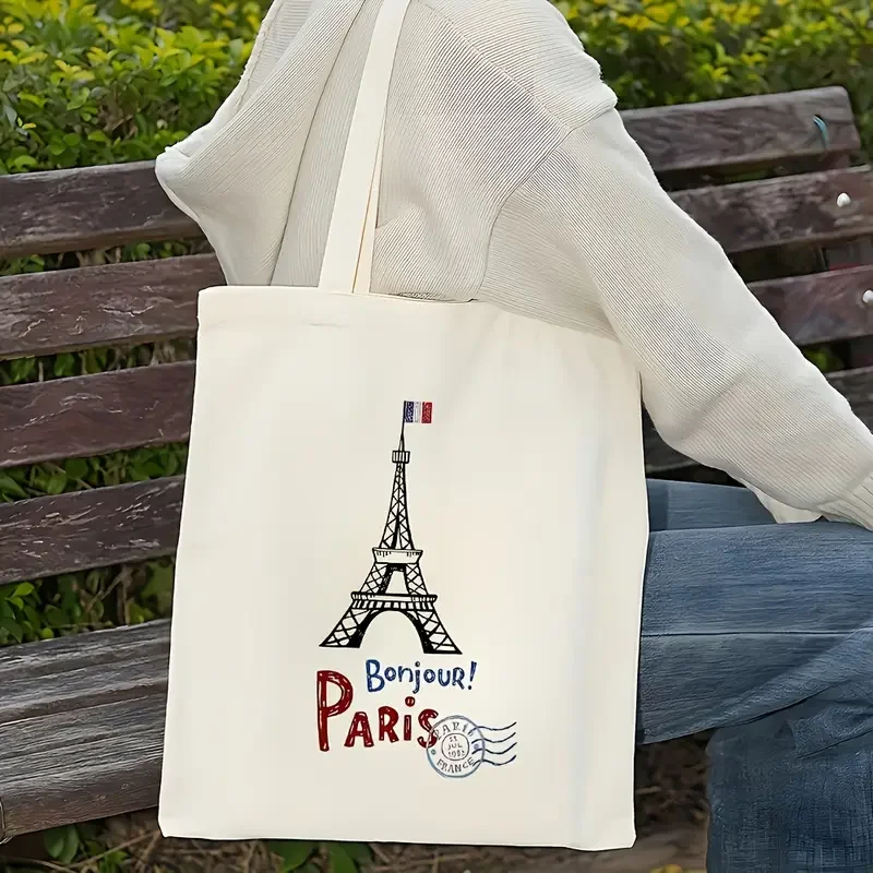

Paris Themed Tote Bag Women Eco Friendly Travel Commute Shopping Sturdy Eiffel Tower Design Daily Use Handbags Gift