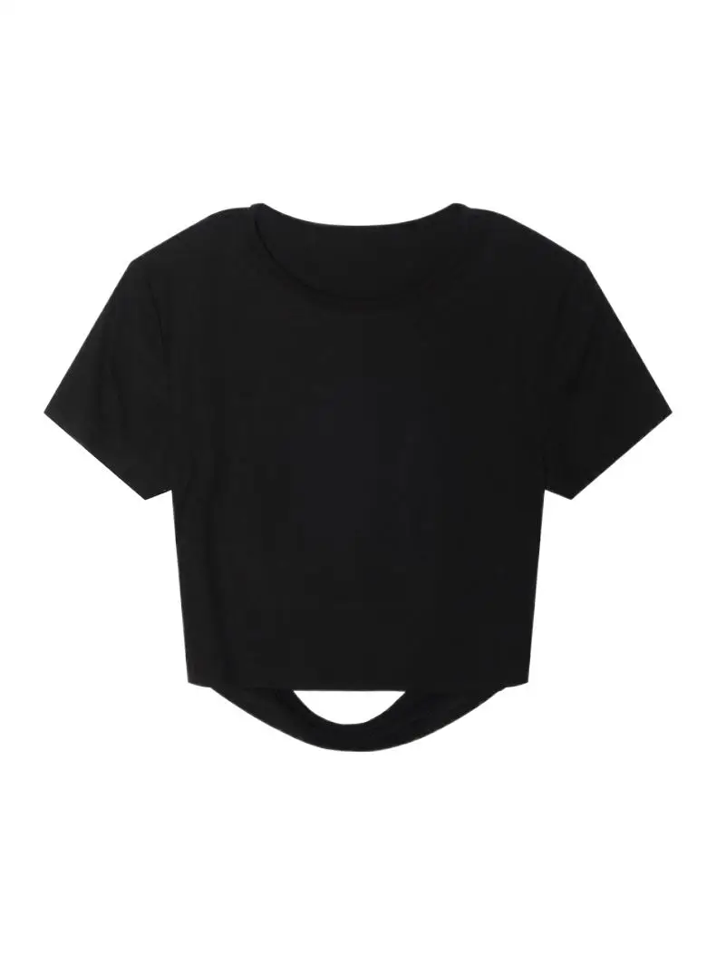

Summer New Girl's Knitted O-Neck Tight Fitting Cropped Tops Design Sense Solid Color Short Sleeves Open Back T-Shirts Blouses