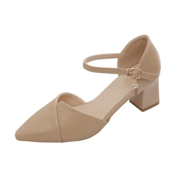 

2026 Beige Pointed Toe Thin Strap Cross Buckle Mid Heel Sandals Daily Office Shoes Ladies Elegant