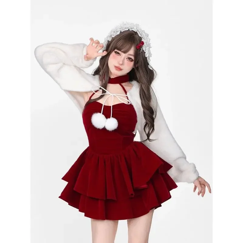 

Kawaii Sweet Lolita Two Piece Set Women 2024 Korean Style White Shawl Tops Cute Party Mini Dress Japanese Y2k Red Christmas Suit