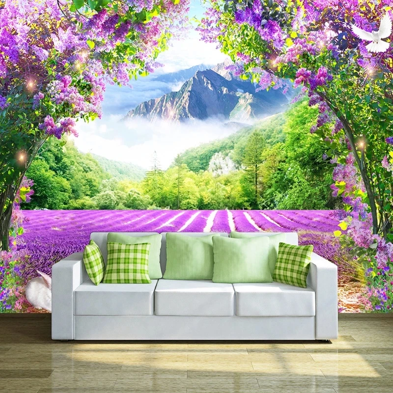 Customized Photo Fresh Lavender Flower Vine Arch 3D Wallpaper Modern Bedroom rabbit Living room TV background bedroom restaurant