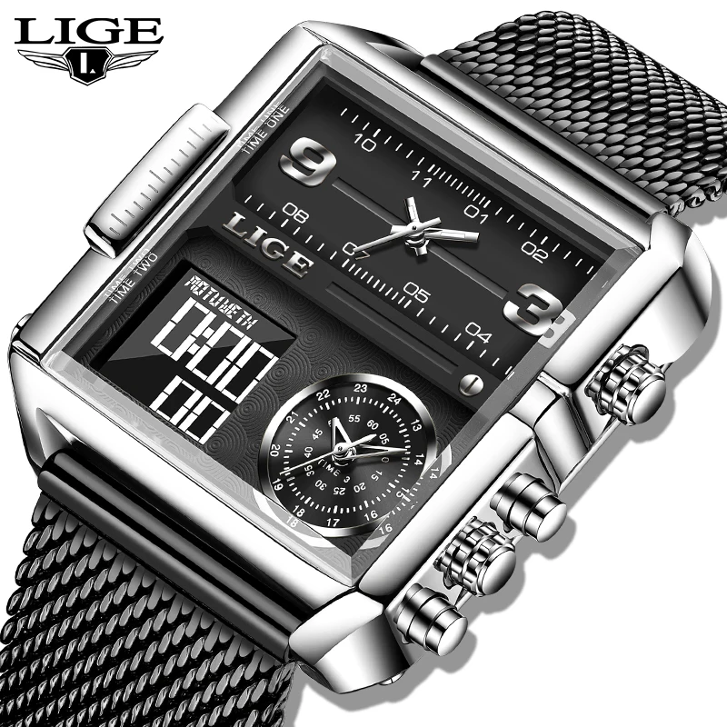 LIGE Fashion Black Steel Watch Men Digital Dual Display Watch Sports Chronograph Waterproof Quartz Wristwatch Men Military Watch