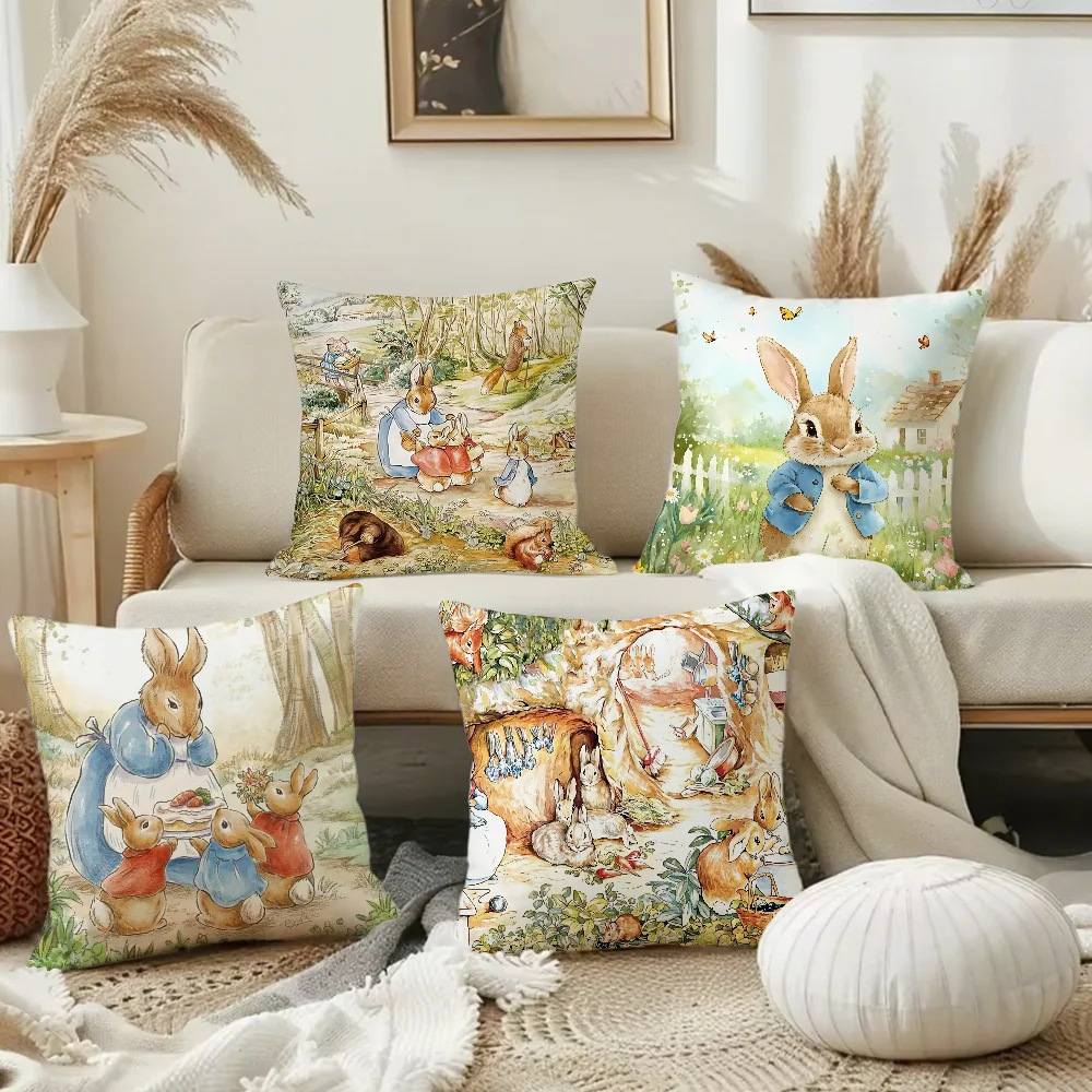 Cartoon Character Cute Peter Rabbit Cushion Cover Square Double-Sided Printing Sofa Cushion Cover Pillowcase Bedroom Bedside