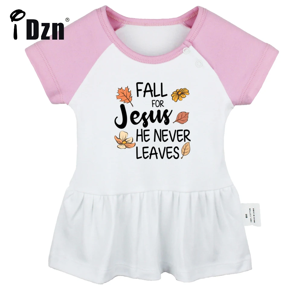 iDzn Summer NEW Fall For Jesus He Never Leaves Baby Girls Cute Short Sleeve Dress Infant Funny Pleated Dress Soft Cotton Dresses