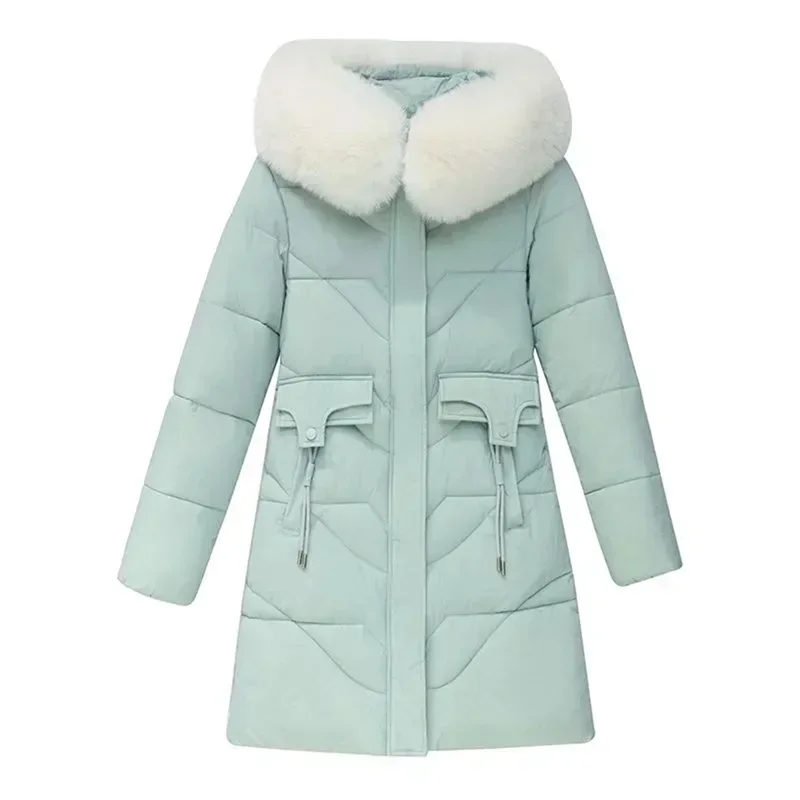 

2023 Winter Parkas Women Cotton-Padded Jacket Women's Fur Collar Cotton Liner Jacket Slim Long Thick Coat Hooded Female Green