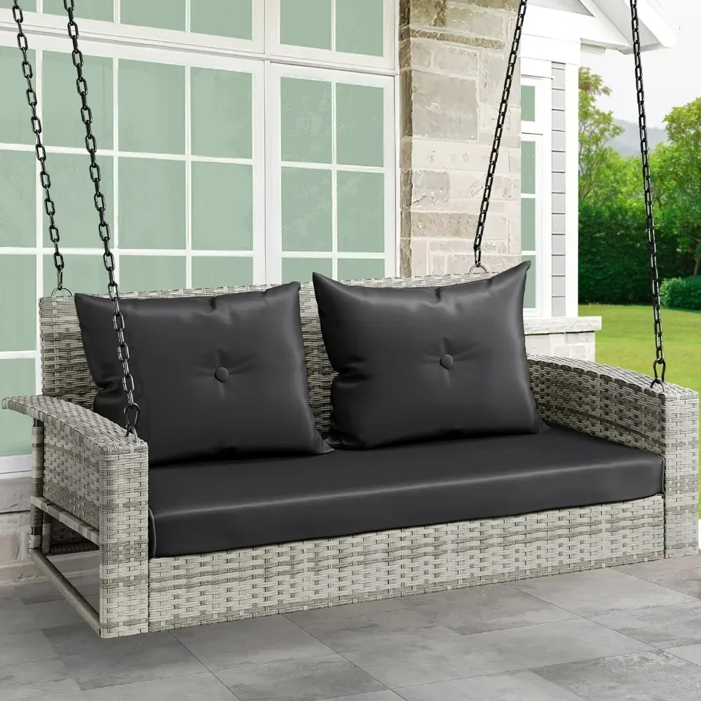 2-Seats Wicker Hanging Porch Swing Chair Outdoor Gray Rattan Patio Swing Lounge W/ 2 Back Cushionsm,Swings