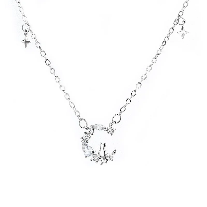 

White Cat Moon Pendant Necklace Silver Jewelry Gift for Women