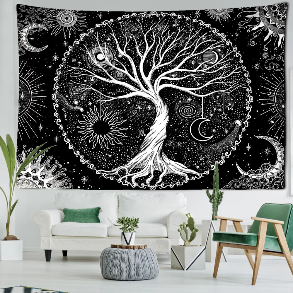 Tree Of Life Tapestry Black And White Star Moon Tapestry Bedroom Living Room Background Decoration Hanging Art Tapestry