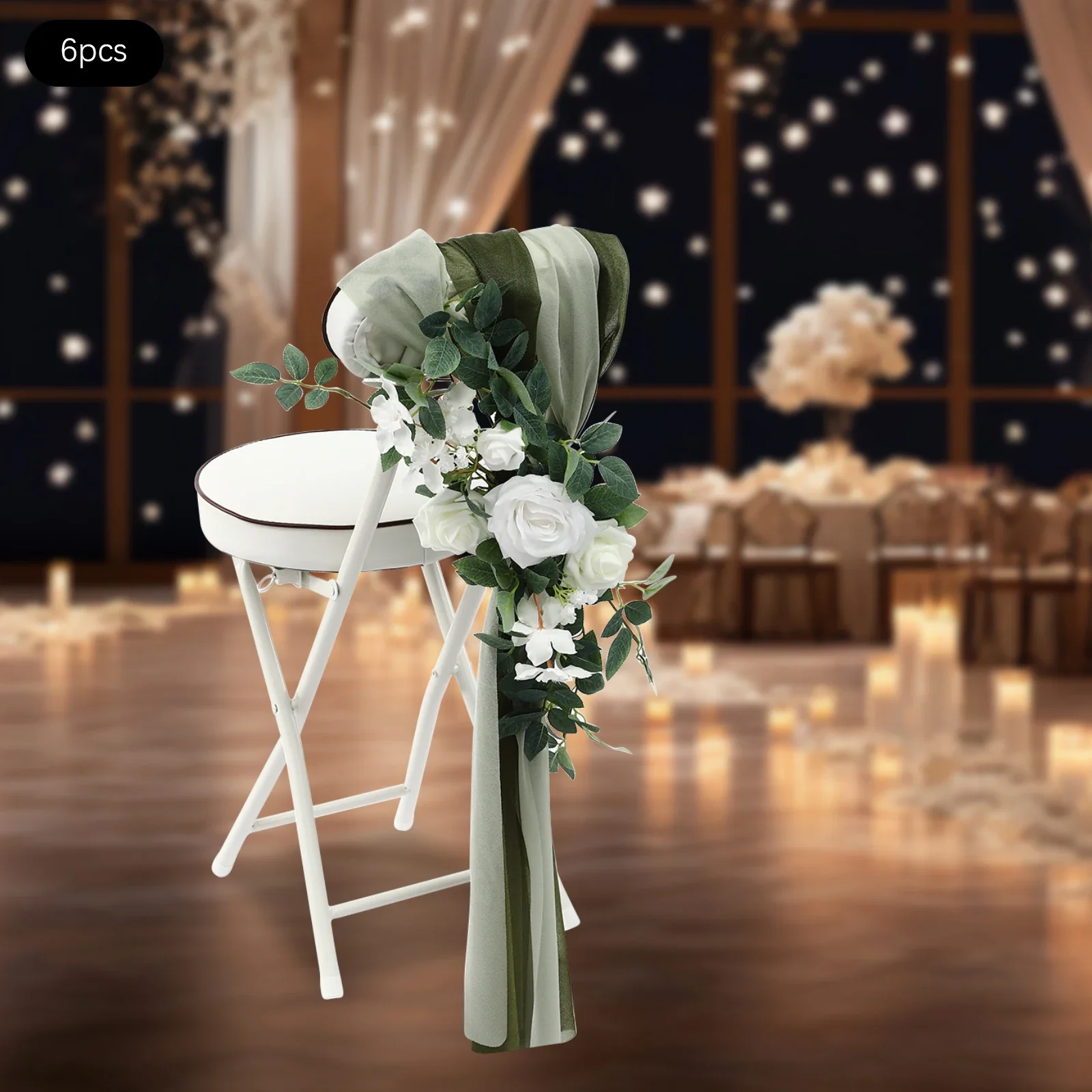 6 PCS Wedding Chair Decoration with Ribbon Bows & Forest Green Draping Fabrics 3-in-1 Set for Wedding Birthday Party Celebration