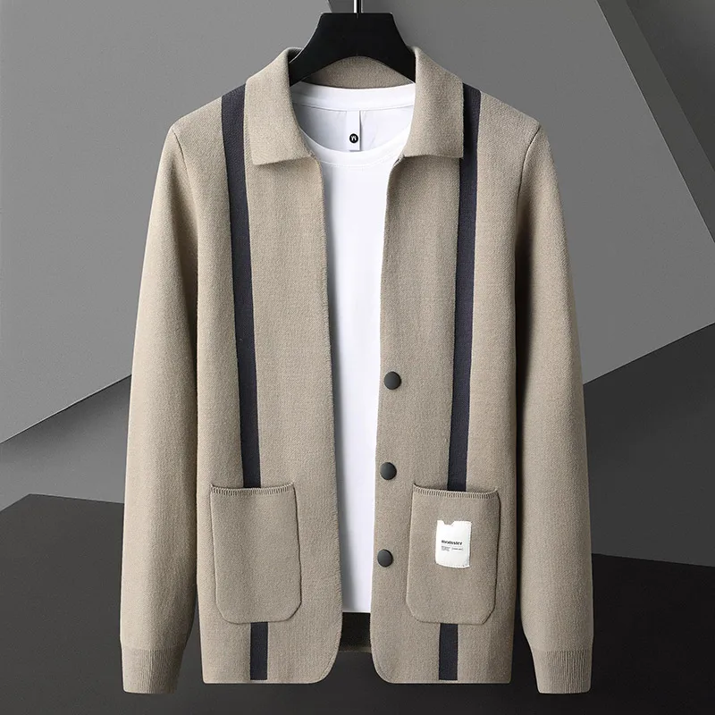 2024 Autumn Wool Men's Knitted Cardigan Thickened Striped Jacquard Knitted Jacket for Men Casua Business Sweater Coats