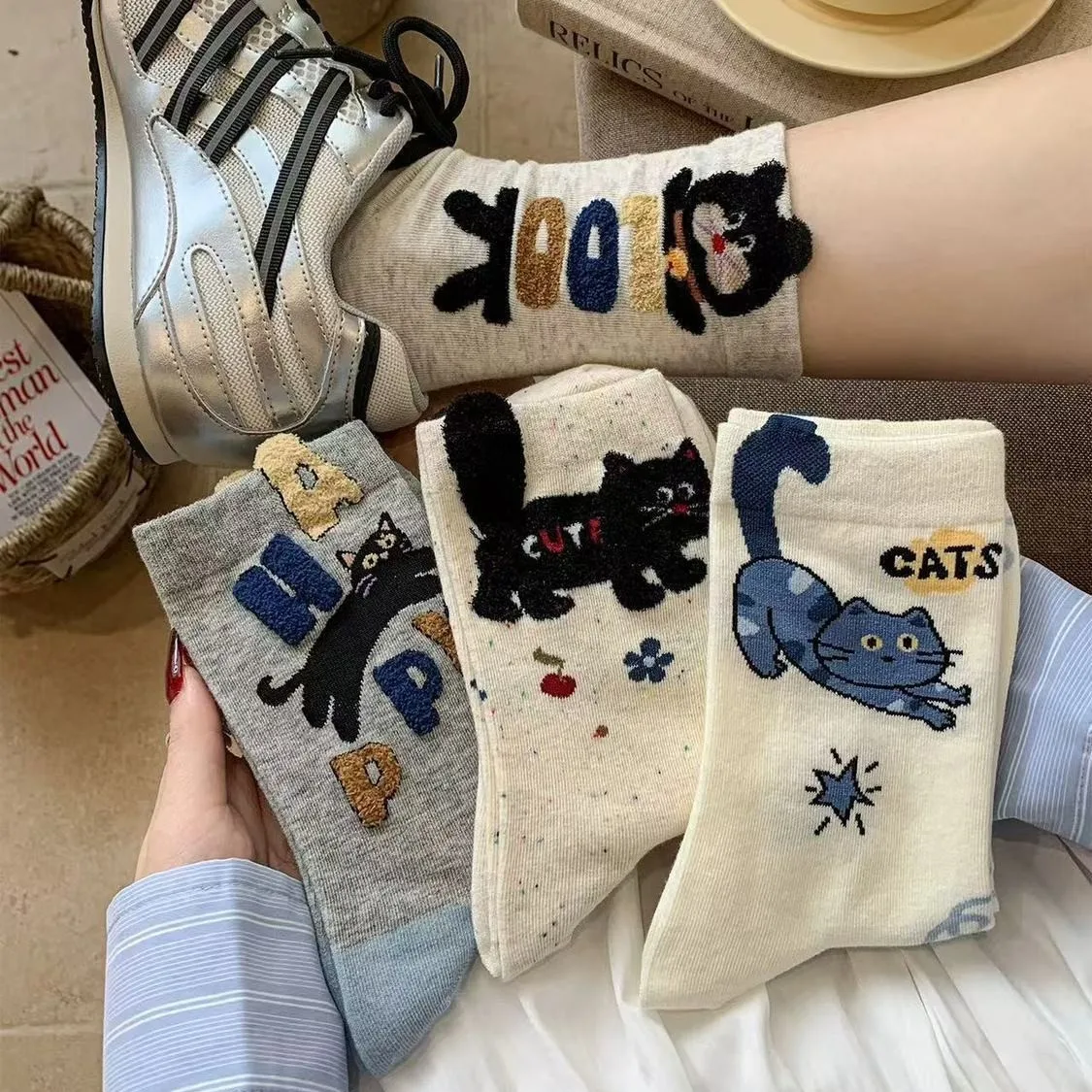 Ins Style Cartoon Cat Crew Socks Cute Letter Pattern Mid-calf Socks Spring Autumn Soft Cotton Casual Socks Mixed Random 4 Pairs