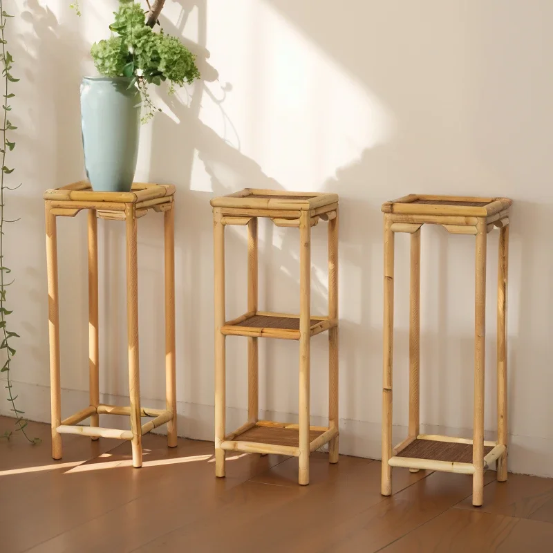 Chinese Style Plant Rack Foyer 2-layers Flower Table Floor Standing Multi-layer Green Plant Shelf Bamboo Woven Flowerpot Holder