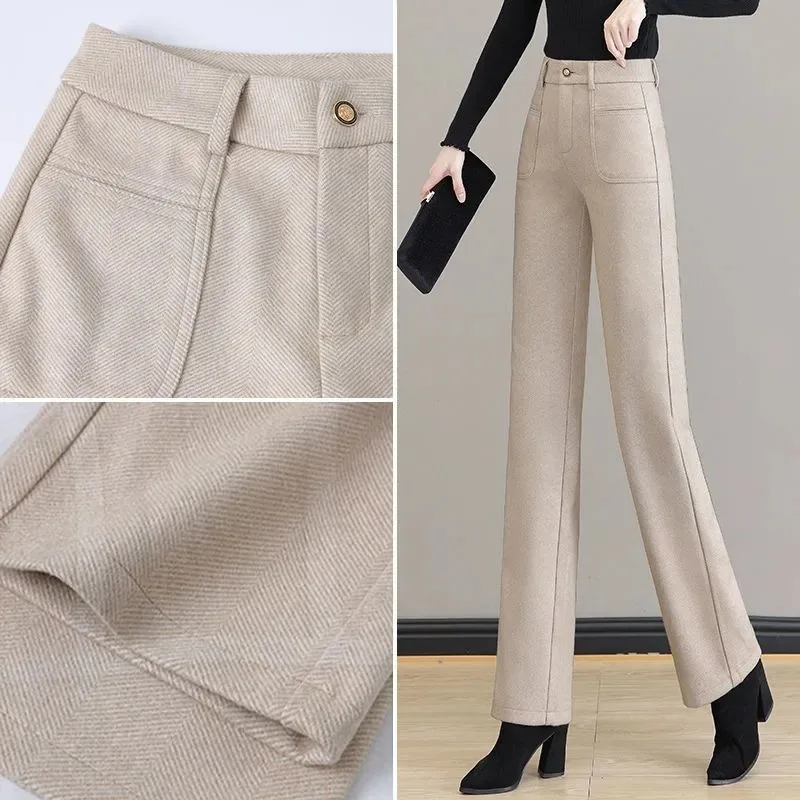 Woolen Wide-leg Pants Women in Autumn and Winter 2025 New High-waisted Drooping Touching Herringbone Casual Suit Straight Pants