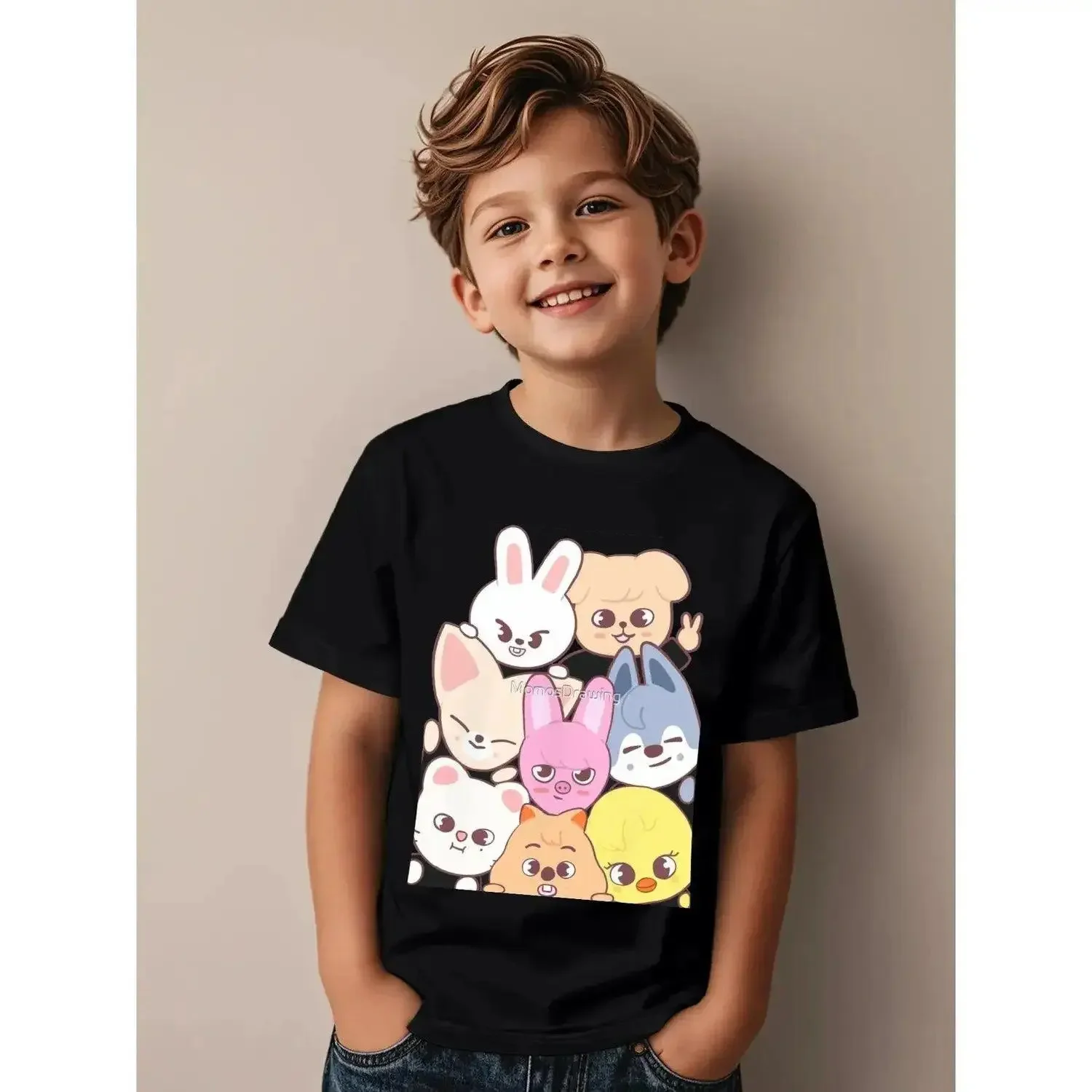 Boys' Pure Cotton Short Sleeve Elastic Crew Tees, SKZ-Style Inspired Novelty Aesthetic Graphic Casual Streetwear Tops for Kids' Sports & Outdoor Wear